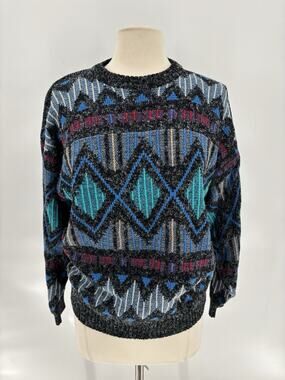 Vintage 80s 90s Santana Geometric Sweater Womens Large Black Blue Diamond Knit